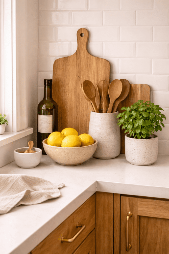 Kitchen countertop styled with a wooden cutting board, ceramic bowl, and plant creating a focal design area