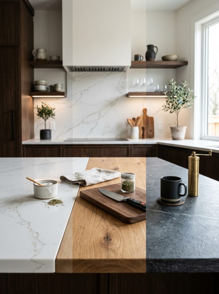 Close-up view of durable kitchen materials including quartz, wood, and stone textures designed for long-lasting and practical kitchen use.