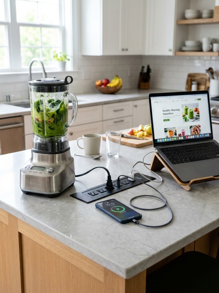 Kitchen island with built-in power outlets used for appliances and device charging