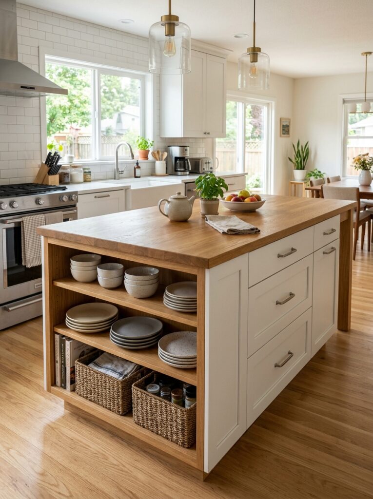 Kitchen island with storage on both sides featuring drawers and open shelves for extra space