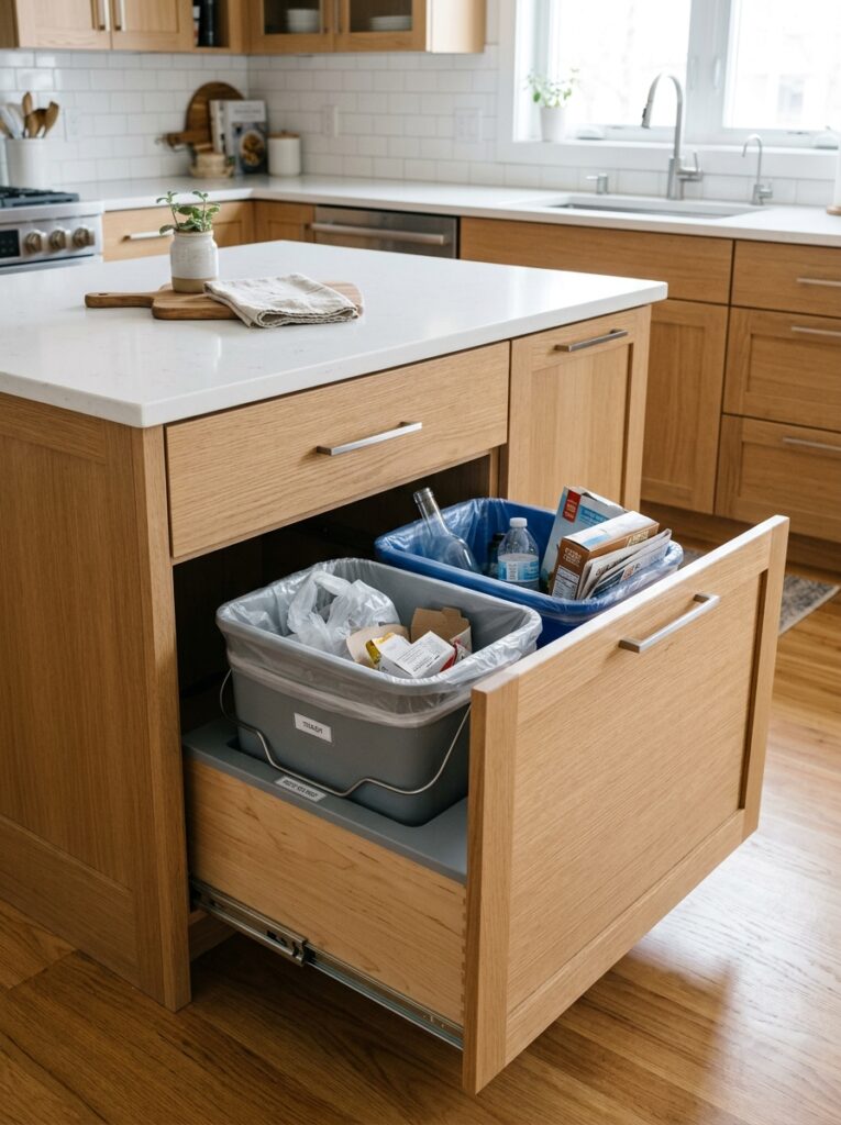 Kitchen island with hidden pull-out trash and recycling bins inside a cabinet drawer