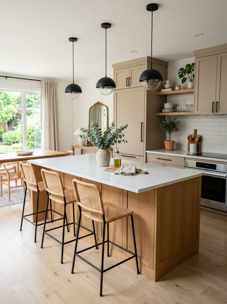 Modern kitchen island with seating, pendant lighting, and smart functional design in a bright open kitchen