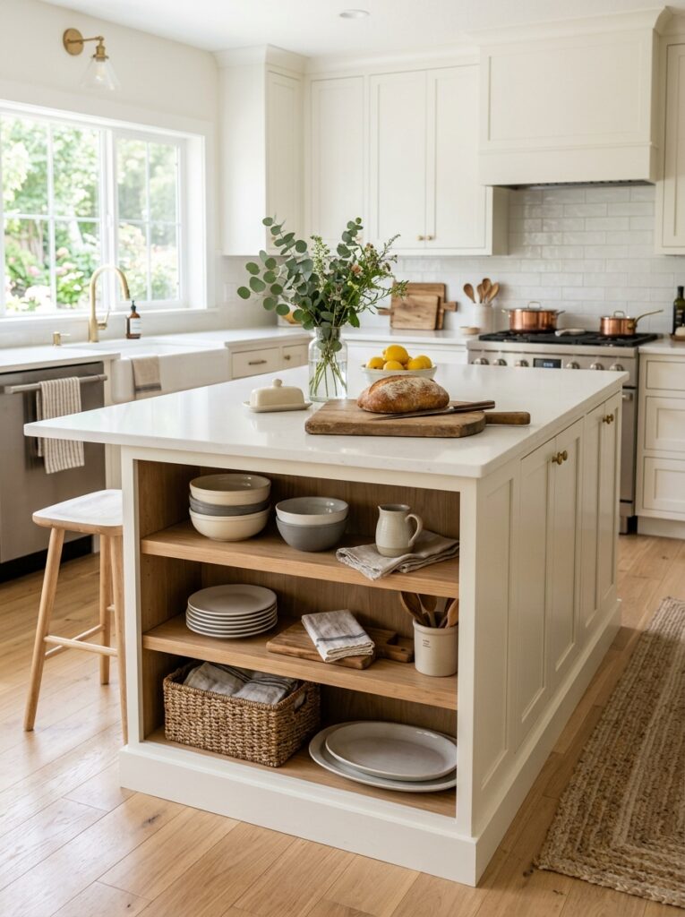 Kitchen island with open shelving displaying dishes, baskets, and simple decor