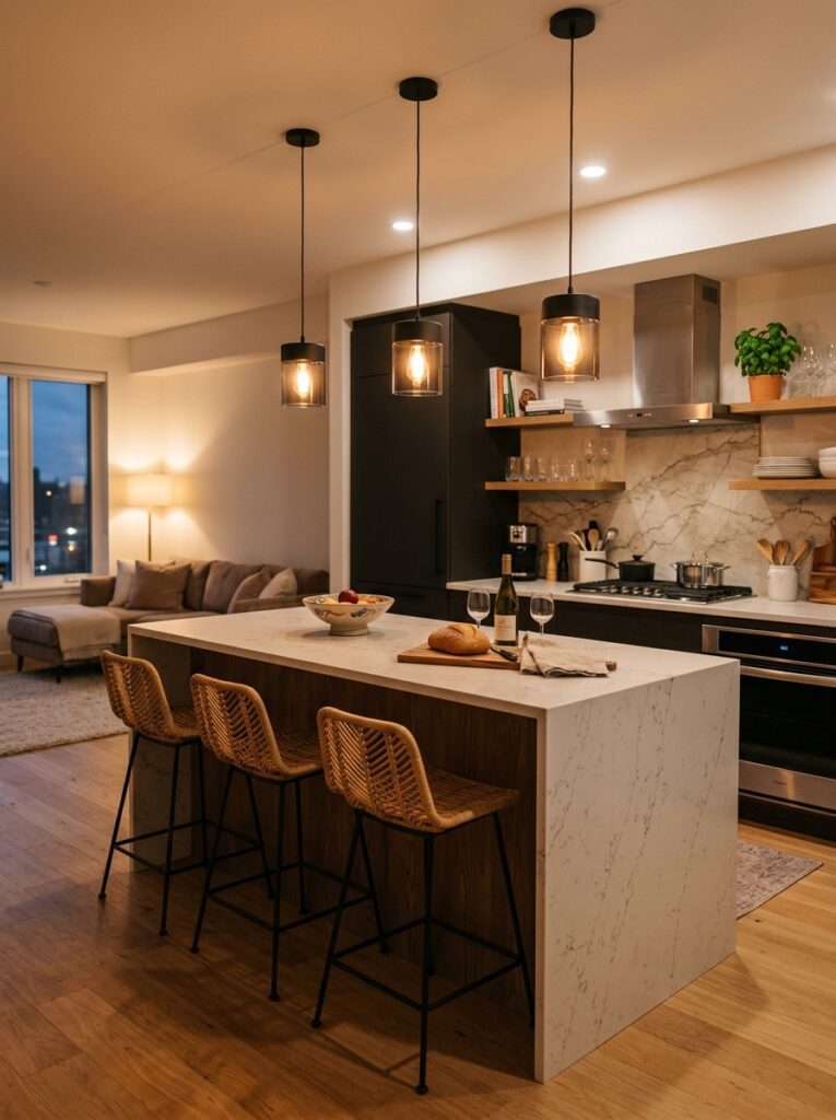 Kitchen island with pendant lighting adding both function and modern style