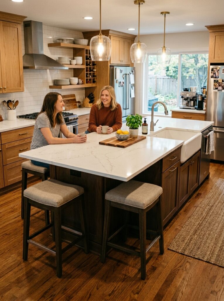 Kitchen island with properly spaced bar stools and comfortable seating layout