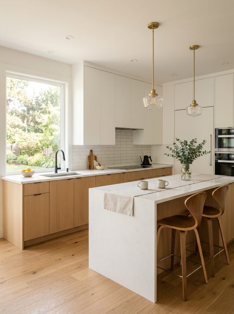 Modern kitchen remodel showing a clean, functional layout with minimal clutter, warm lighting, and a balanced wood-and-white design for everyday usability.