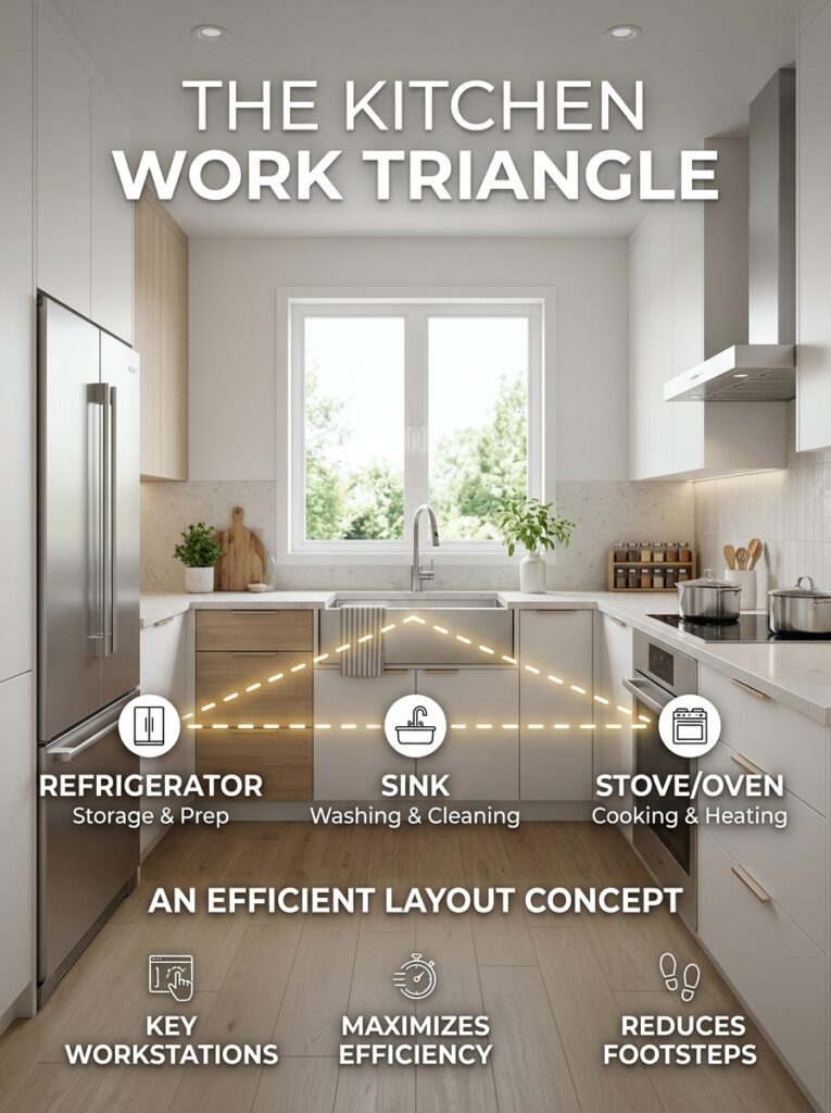Kitchen layout concept highlighting the work triangle between sink, stove, and refrigerator for improved cooking efficiency and movement flow.