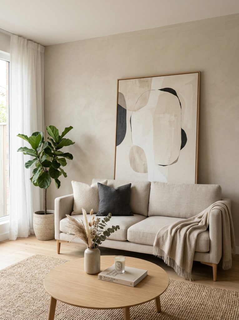Renter-friendly decor using large statement wall art leaned against the wall in a modern living room.