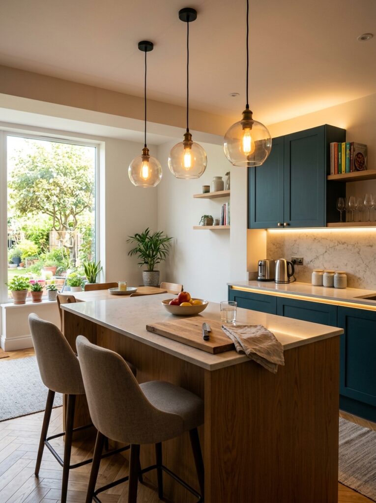 Modern kitchen featuring layered lighting with pendant lights, under-cabinet LEDs, and natural light creating a warm and functional cooking space.