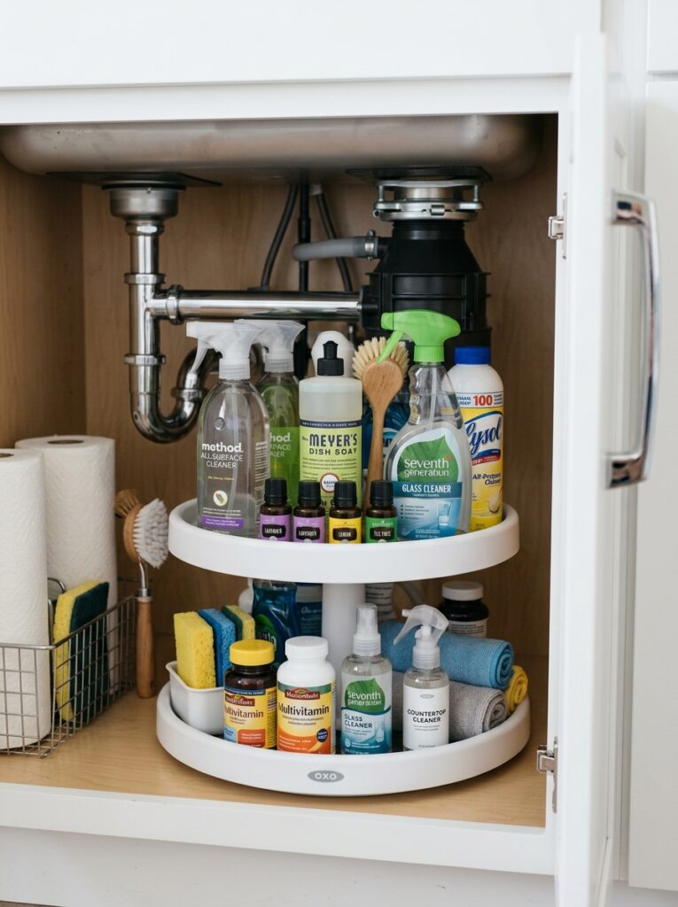 Lazy Susan organizer used under sink for small items