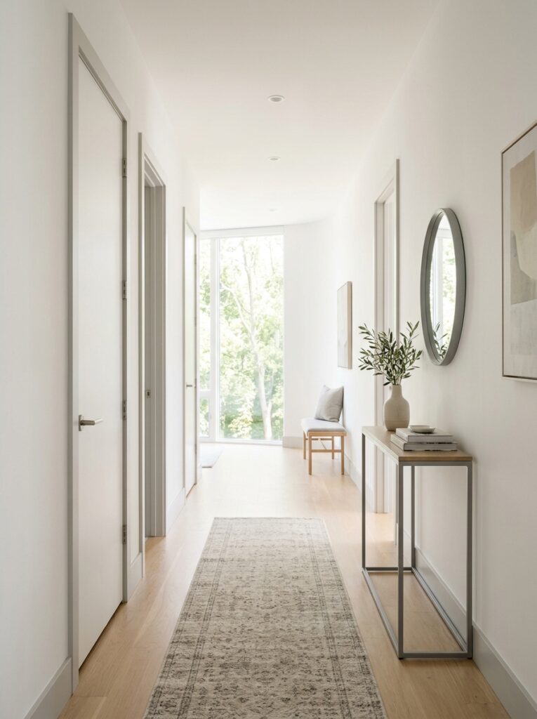 A bright hallway with a consistent light color palette of white and beige tones creating an open and airy feel.