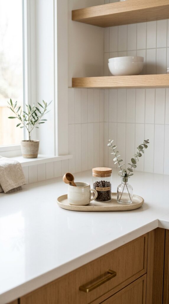 Minimalist kitchen countertop with only essential items arranged neatly, creating a clean and clutter-free look.