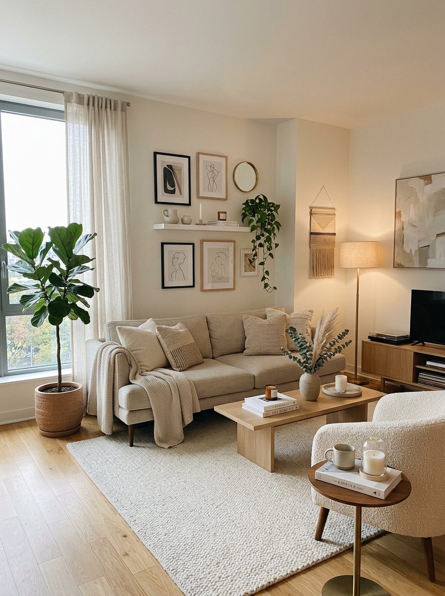 Cozy minimalist living room with neutral colors, soft textures and aesthetic home decor elements