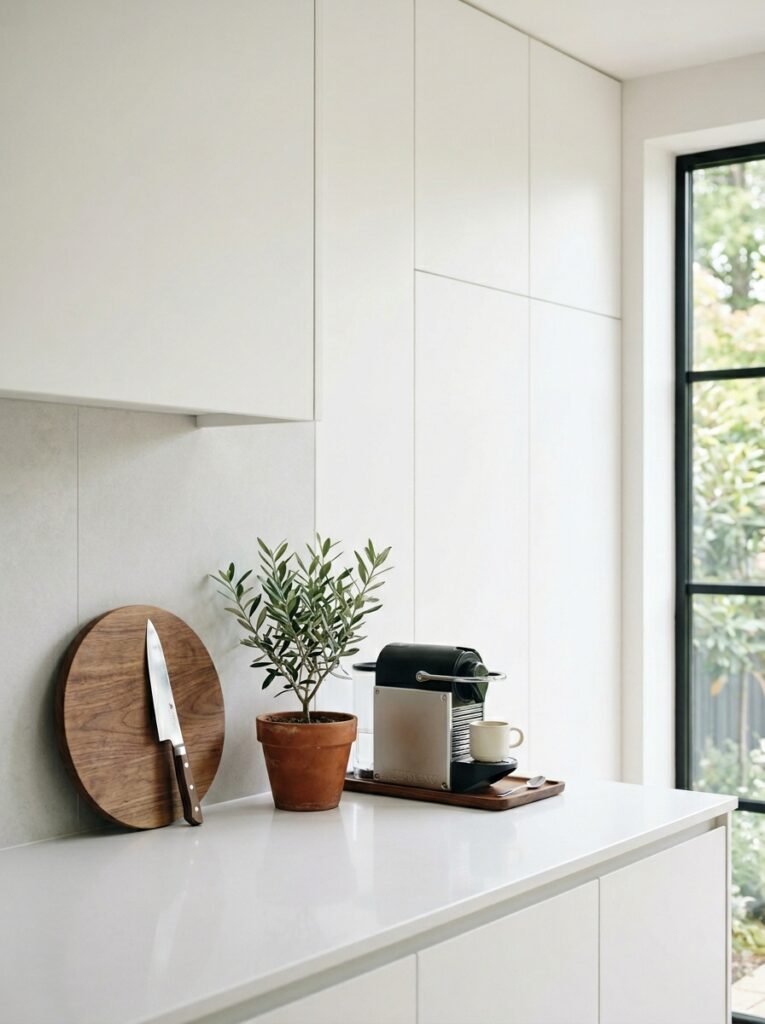 Minimalist kitchen countertop with clean surfaces, essential items only, and hidden storage keeping the space uncluttered and functional.