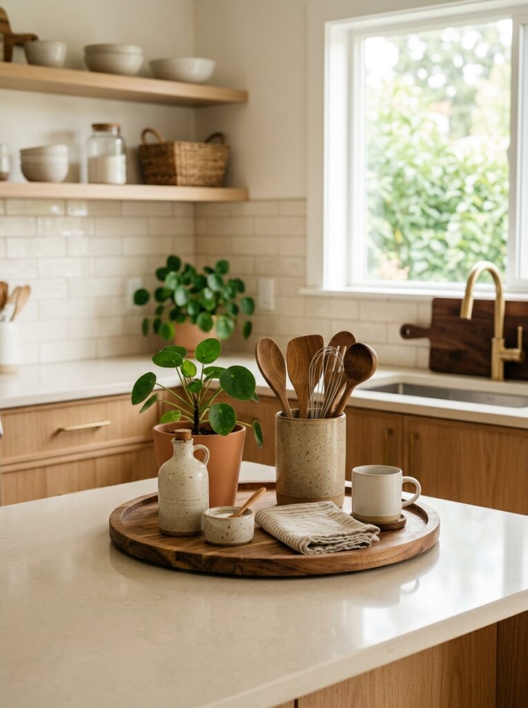 Minimal renter kitchen counter styled with tray, plant, and decor items for a clean aesthetic look.