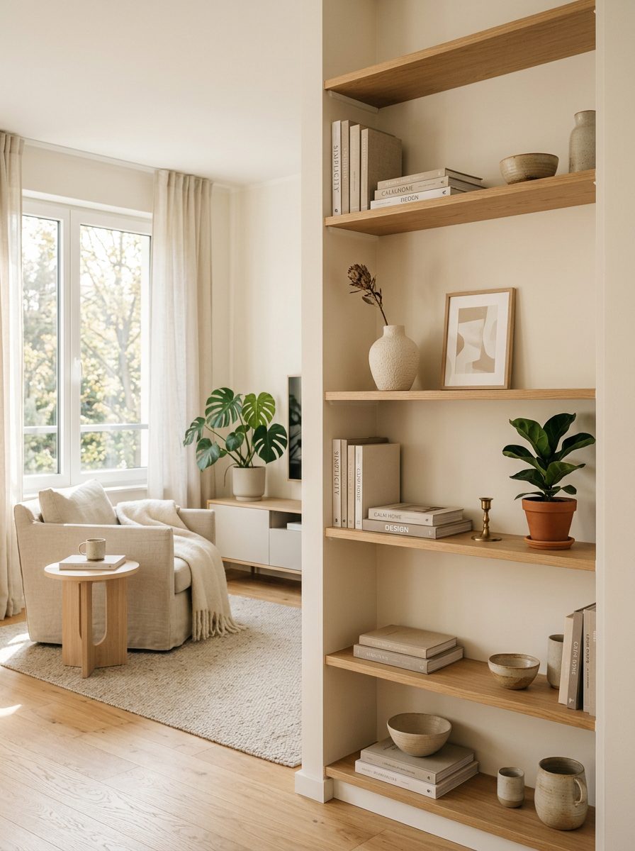Minimal organized home interior with clean shelves, neutral tones and soft natural light creating a calm and clutter-free space