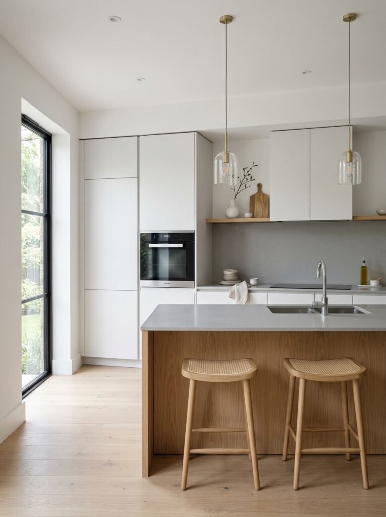 Cohesive kitchen design using a simple color palette of white, soft grey, and natural wood for a calm and spacious modern look.