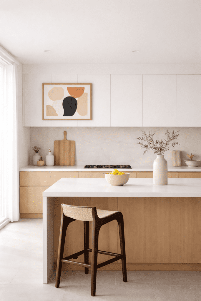 Modern kitchen with a unique decor element such as artwork or a bold stool adding character to the space