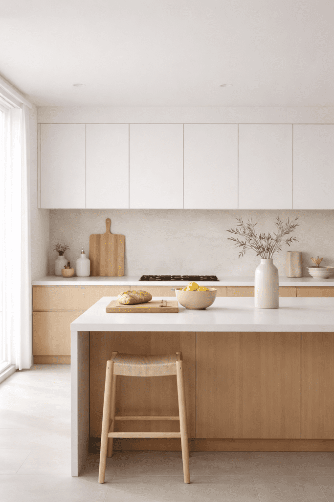 Minimalist kitchen with uncluttered countertops and open space creating a calm and spacious feel