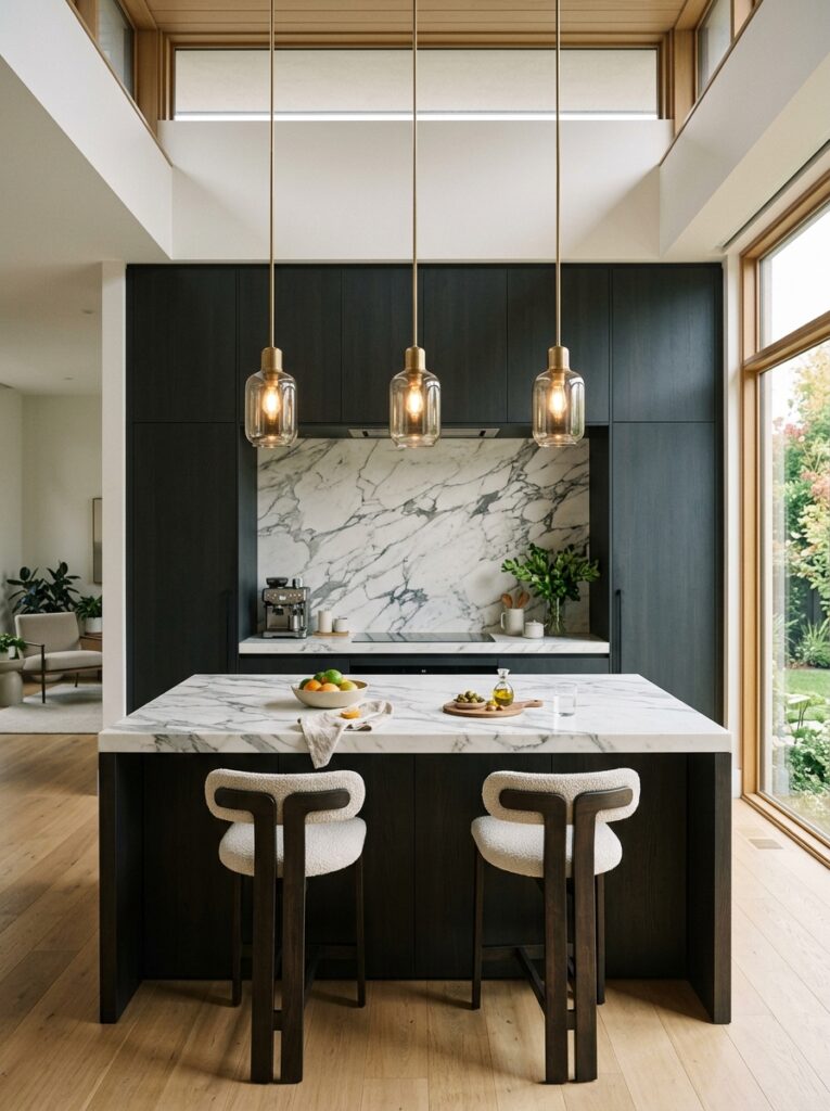 Stylish kitchen interior highlighting a focal point such as a marble backsplash or kitchen island while maintaining a clean minimalist design.