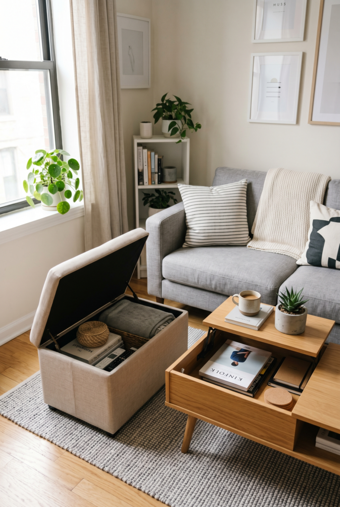 Small living room featuring a storage ottoman and coffee table with hidden compartments for space-saving organization.