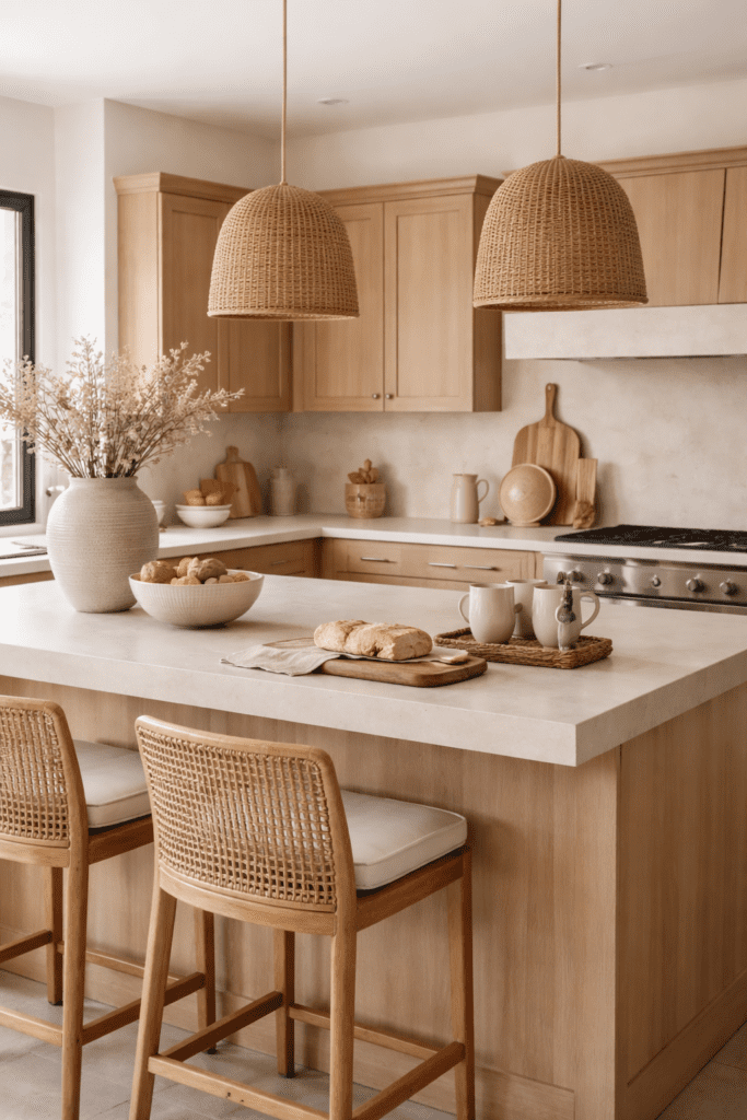 Neutral kitchen design featuring wood textures, ceramic decor, and soft fabrics for a clean aesthetic look