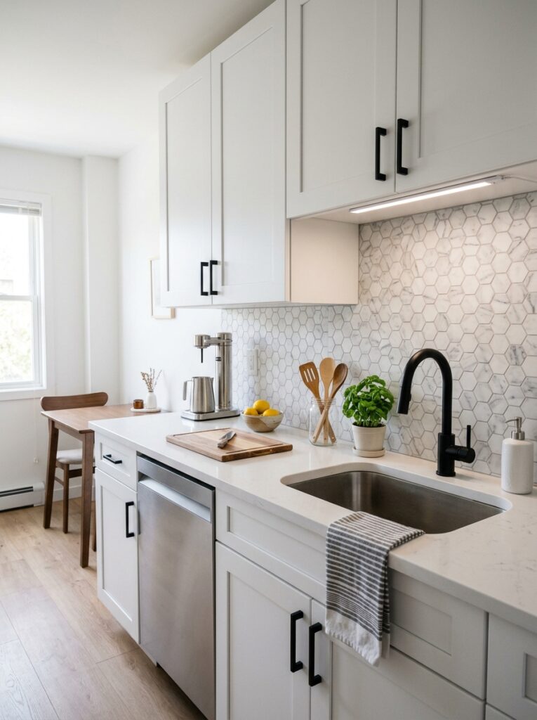 Modern renter kitchen featuring peel-and-stick backsplash tiles for an easy removable upgrade.