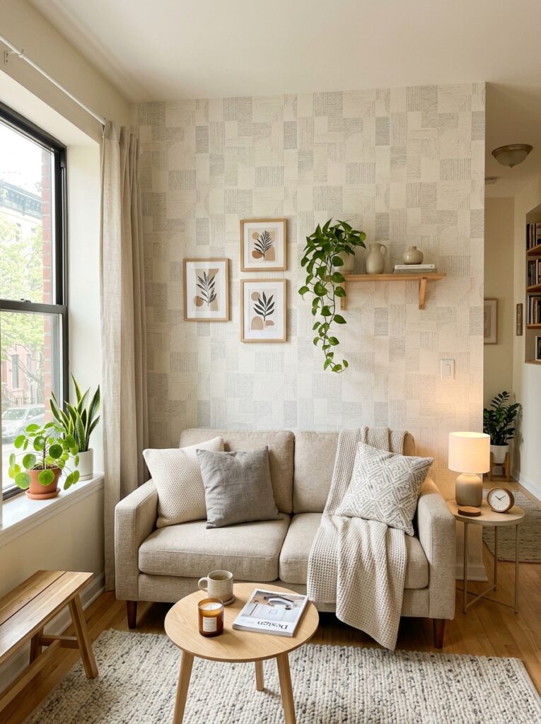 Rental apartment accent wall using peel-and-stick wallpaper behind a sofa in a modern neutral living room.