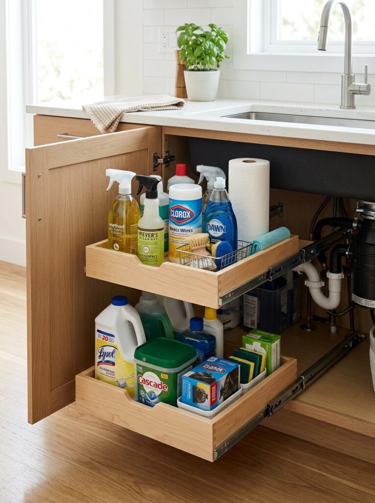 Pull-out trays under sink making items easy to access