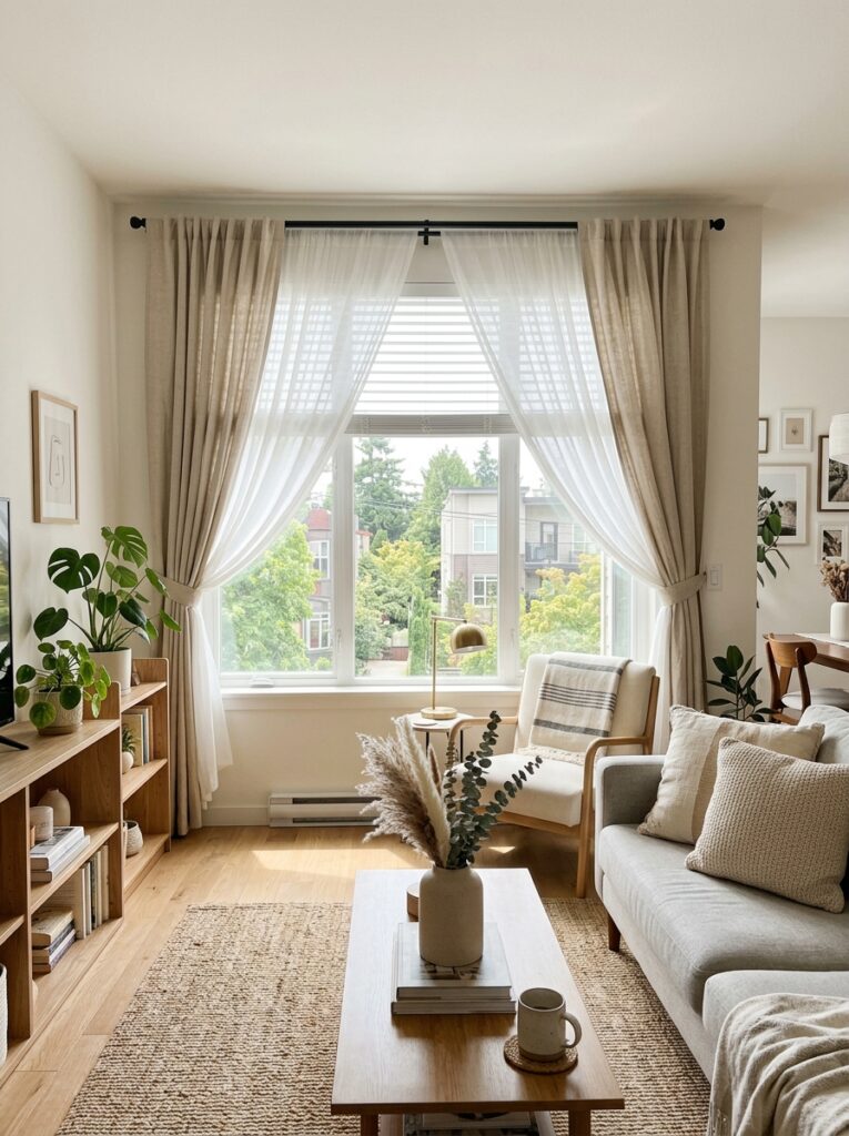Renter-friendly window upgrade using layered sheer and neutral curtains in a bright living room.