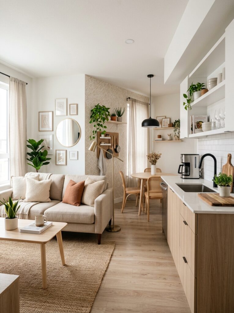 Modern renter-friendly apartment interior showcasing stylish no-damage home upgrades in a cozy living room and kitchen space.