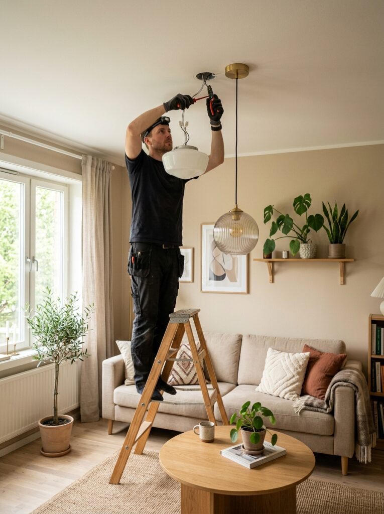 Modern renter-friendly lighting upgrade showing a pendant light replacing a basic ceiling fixture in a cozy apartment living room.