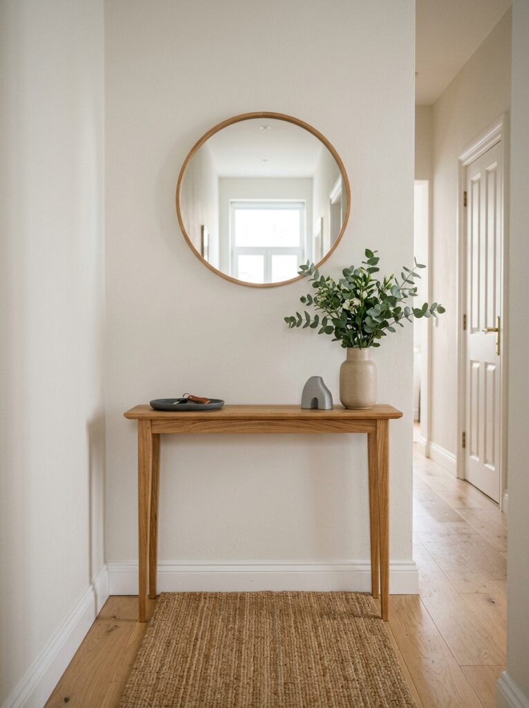 A small hallway with a slim console table styled with a tray, vase, and minimal decor, paired with a mirror above.