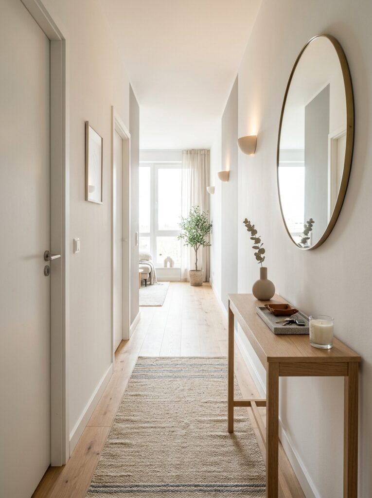 A bright and stylish small hallway with a slim console table, round mirror, warm lighting, and neutral decor that makes the space feel open and inviting.