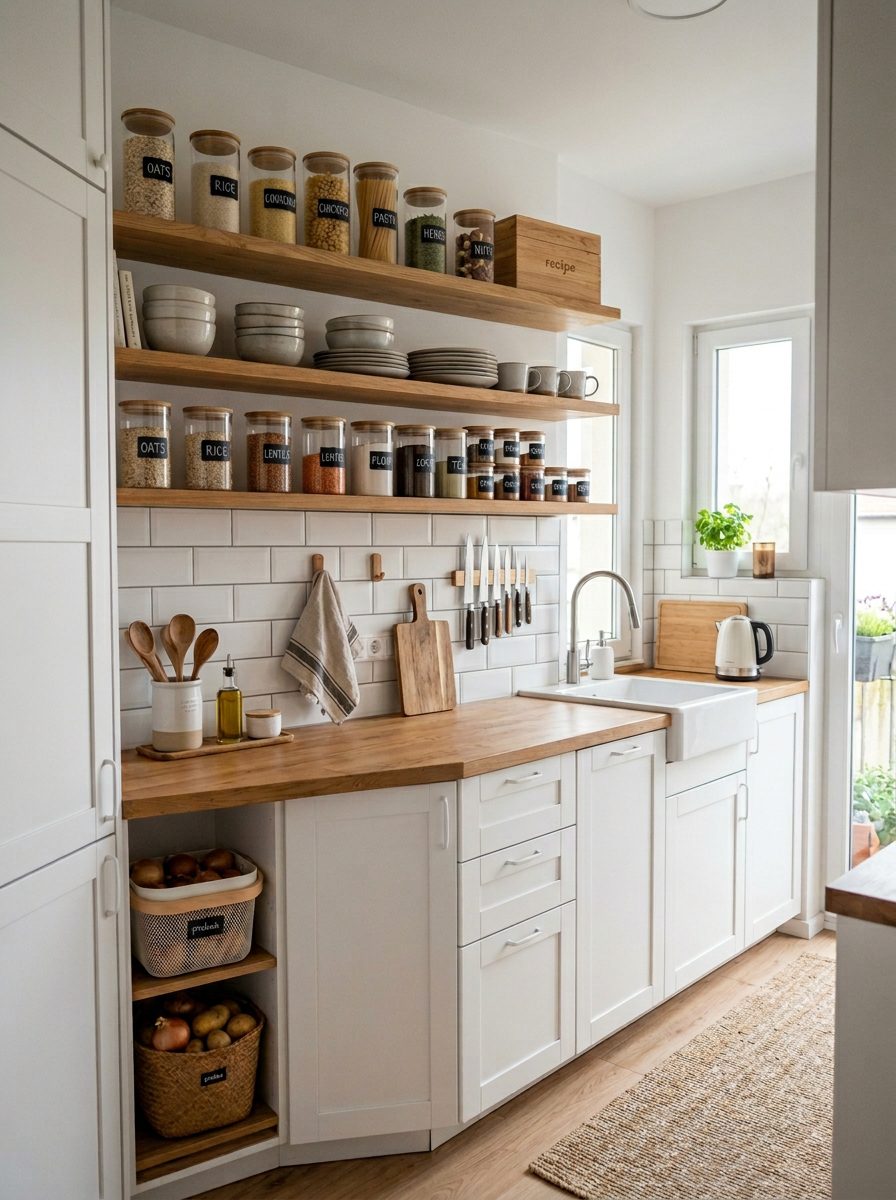 Small kitchen organized with smart storage ideas, neatly arranged shelves and minimal clutter in a modern apartment