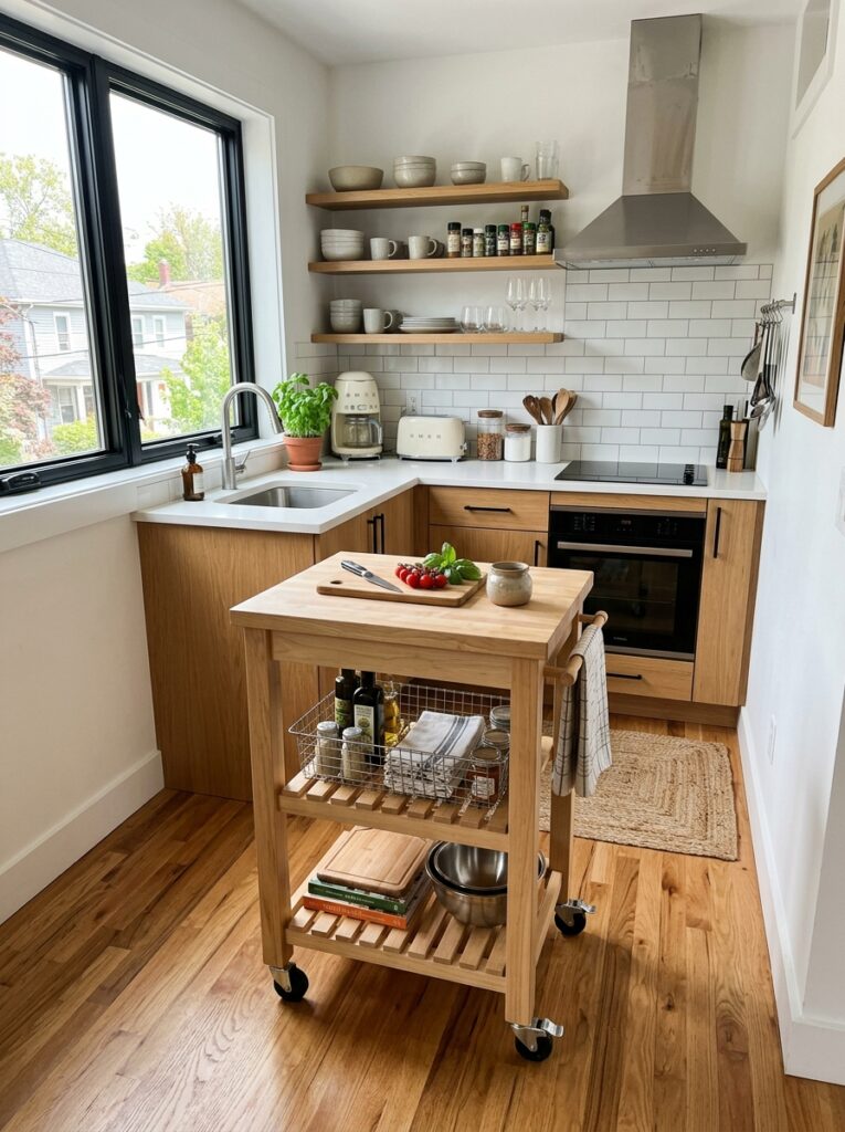 Small kitchen with a movable rolling island cart for flexible space usage