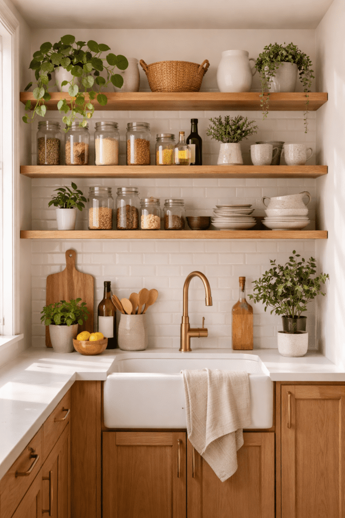 Small kitchen with vertical floating shelves holding jars, plants, and ceramic items in a clean and organized layout