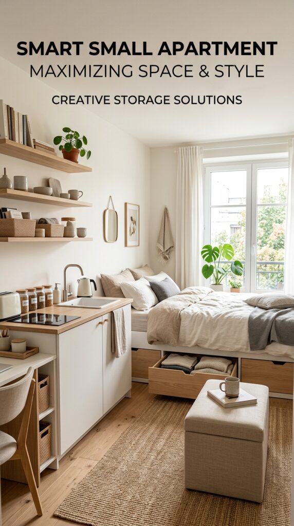 Small apartment with smart storage ideas including floating shelves, storage ottoman, and built-in drawers, designed for clean and clutter-free living.