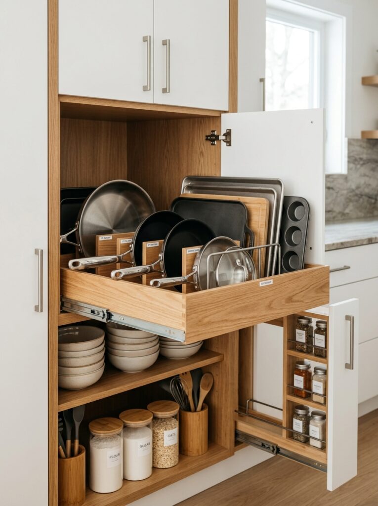 Well-organized kitchen cabinet with pull-out drawers and vertical dividers designed for efficient storage and easy access to cooking essentials.