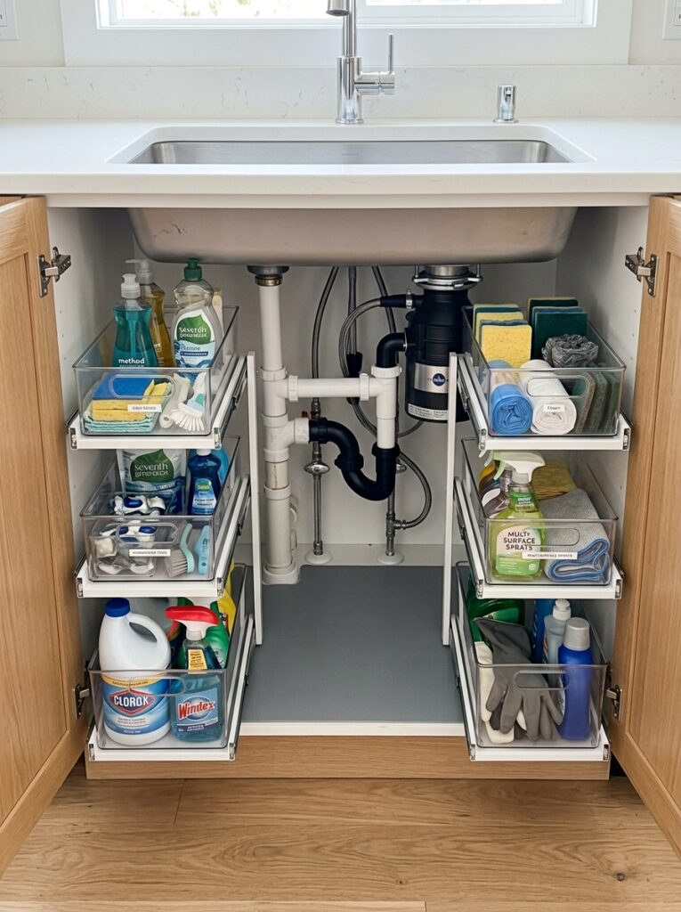 Stackable drawers used around pipes under sink for better space usage