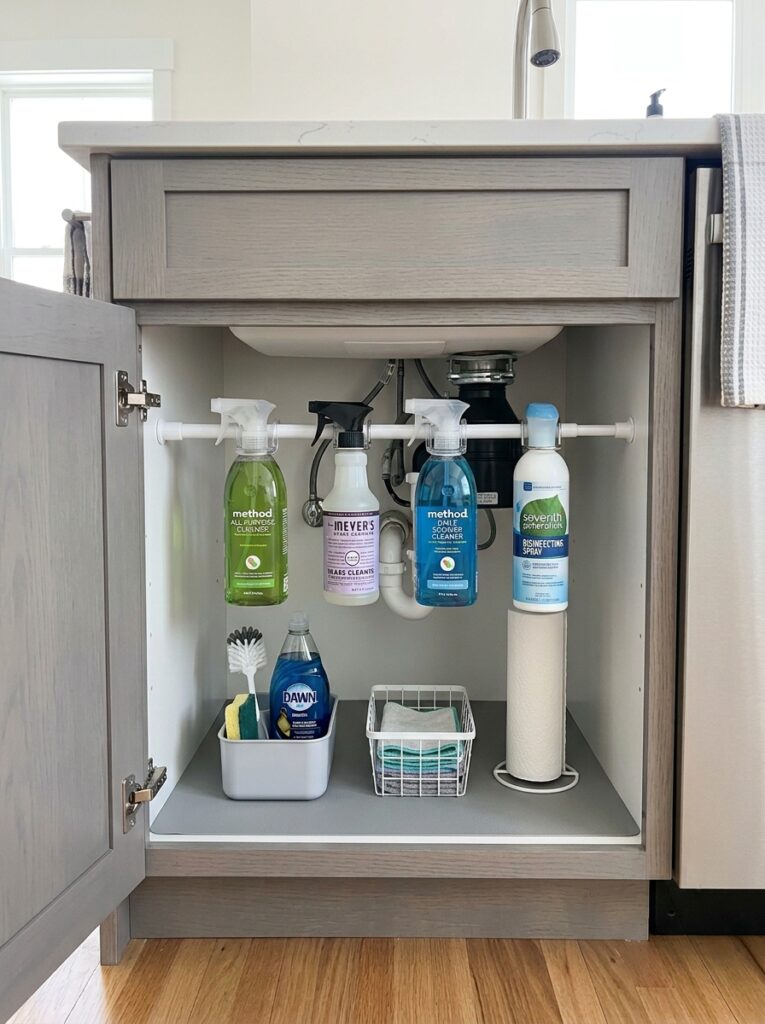 Spray bottles hanging on a tension rod under sink to save space