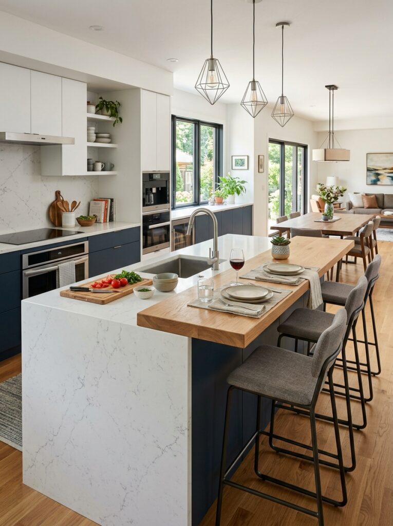 Two-level kitchen island with separate prep area and raised dining counter