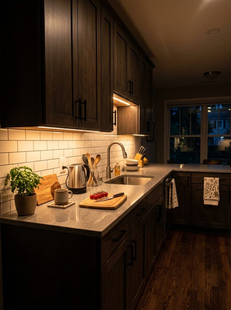 Renter-friendly LED strip lighting installed under kitchen cabinets creating a warm modern glow.