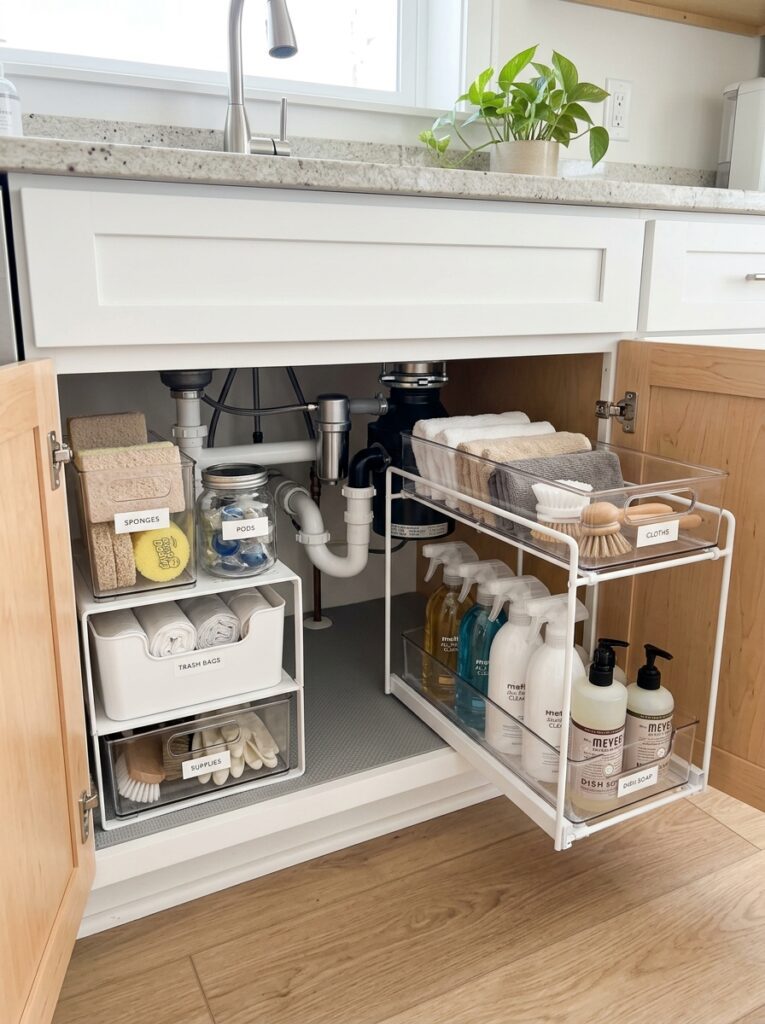 Alt text: Organized under sink cabinet with smart storage solutions in a modern home