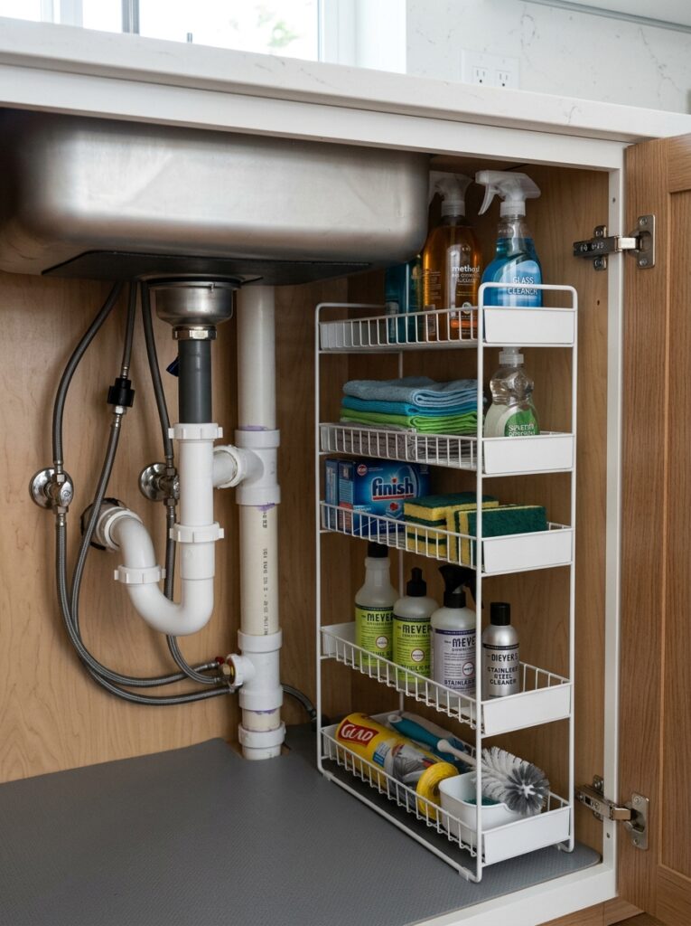 Narrow vertical shelving used under sink for extra storage