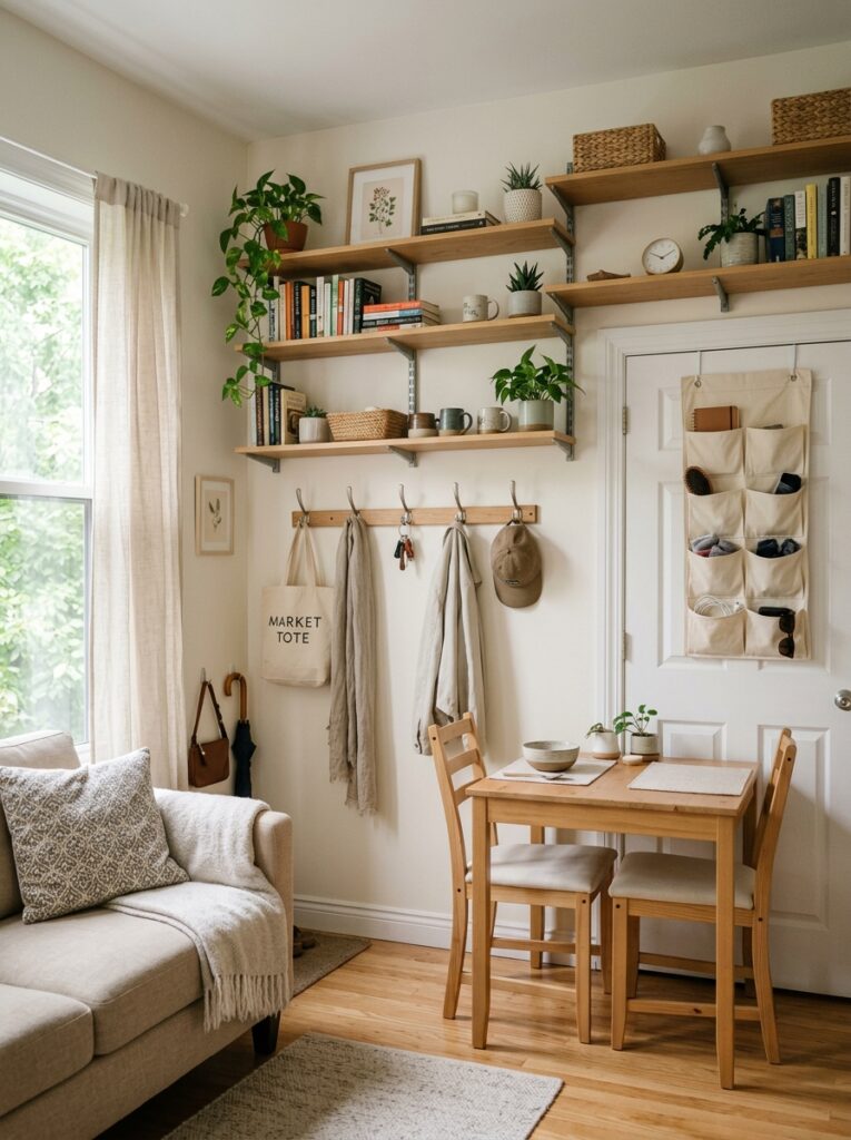 Using vertical space with wall shelves hooks and door organizers to save space in a small home