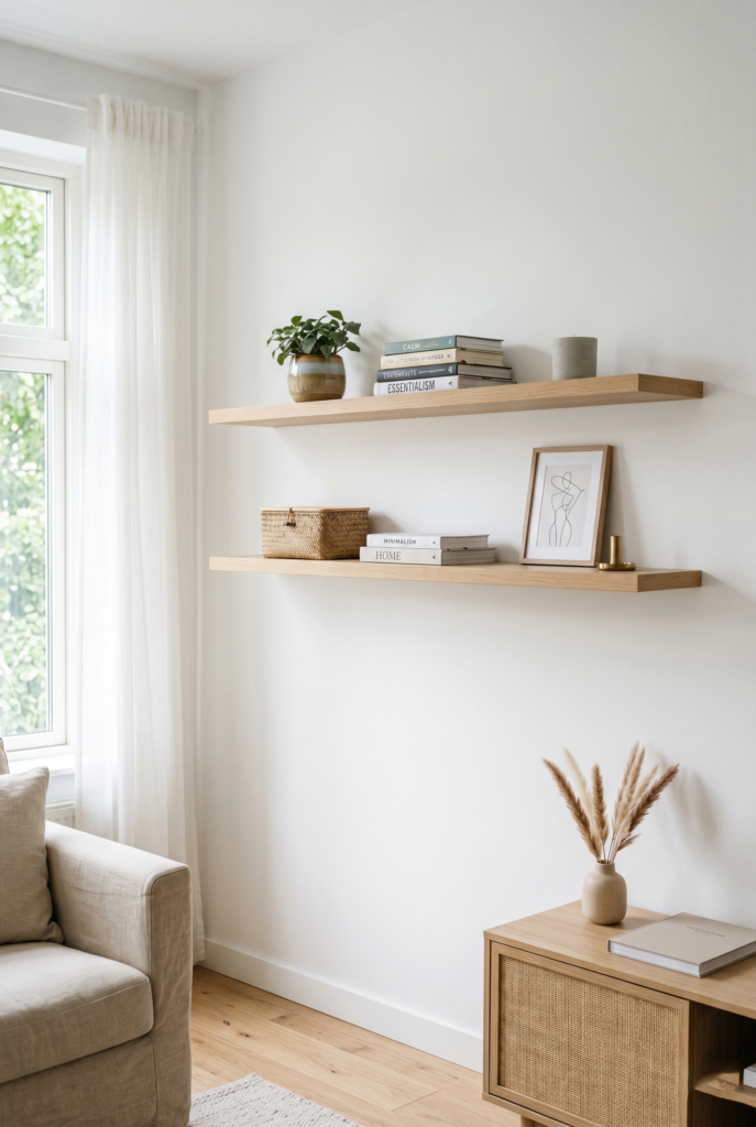 Floating shelves installed above eye level in a small room, creating vertical storage without overcrowding the space.