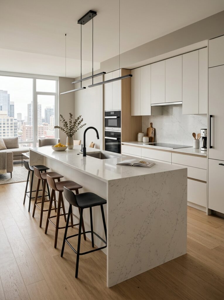 Modern kitchen island with waterfall countertop design in a clean minimalist space