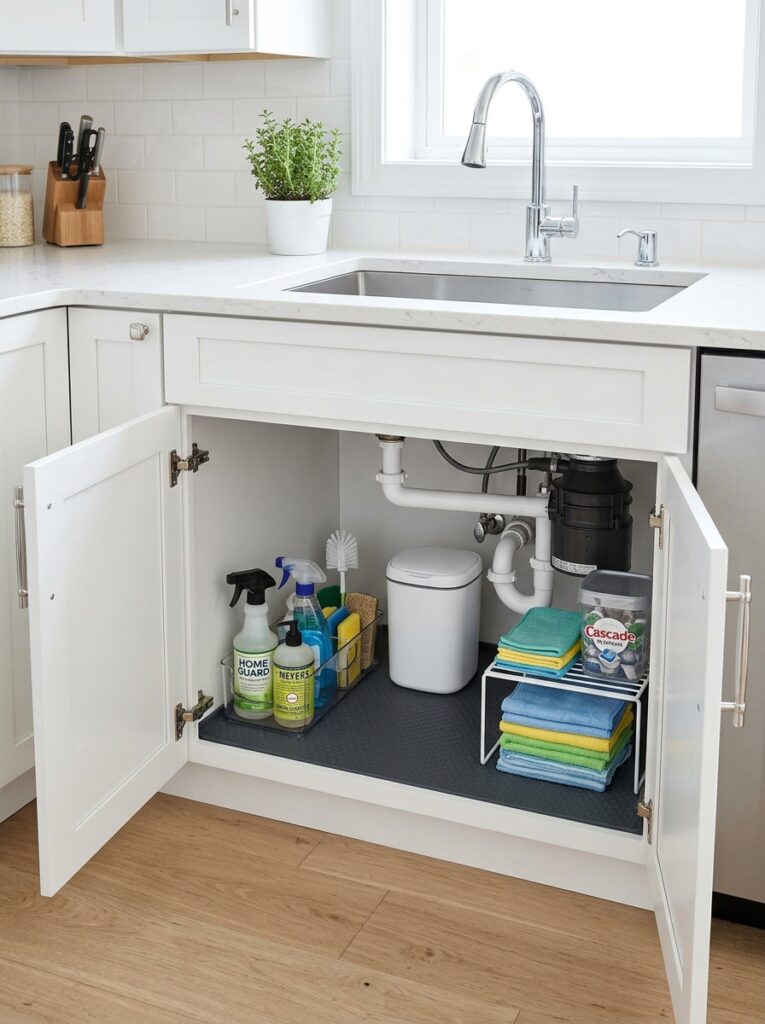 Waterproof mat protecting cabinet base under sink