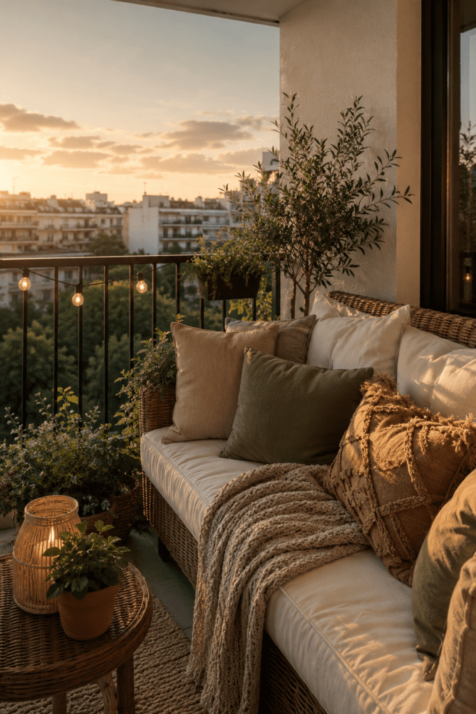 Apartment balcony with layered neutral cushions, textured pillows, and cozy rattan furniture.